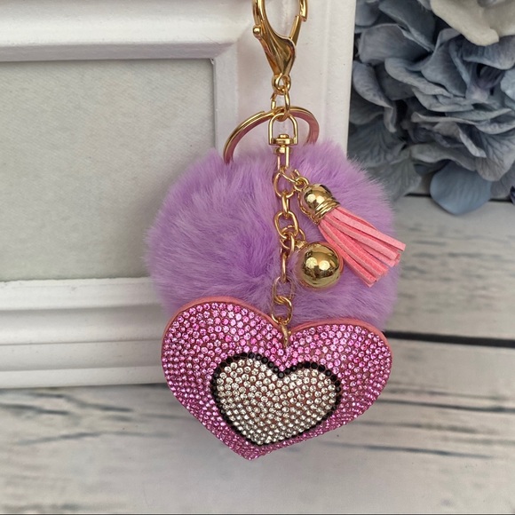 Heart with Pink Rhinestones & Pom Pom on Keychain - Picture 3 of 13